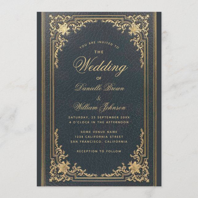 Blue Elegant Vintag Gold Calligraphy Wedding Einladung (Vorderseite)