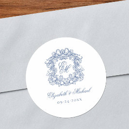 Blue Elegant Vintage Monogram Crest Wedding Runder Aufkleber