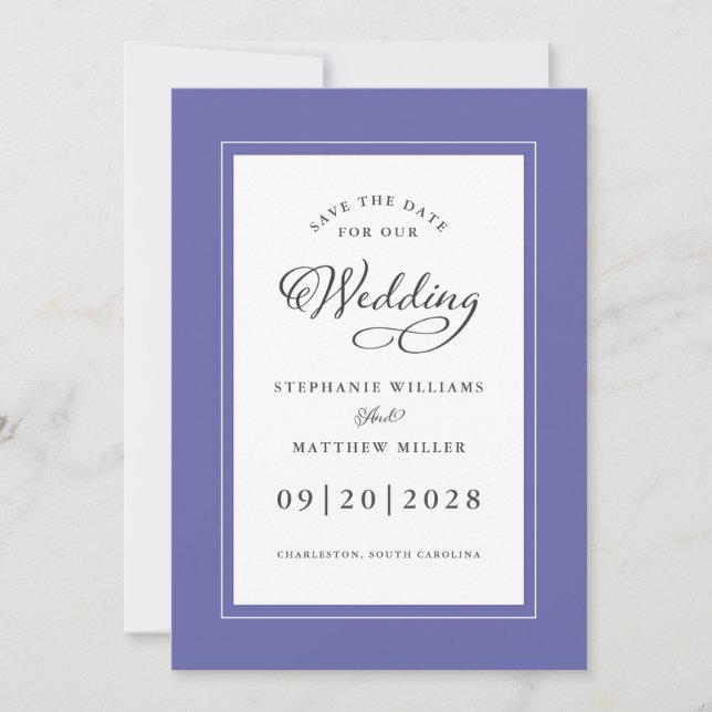 Blue Elegant Wedding Chic Script Border Save The Date (Vorderseite)