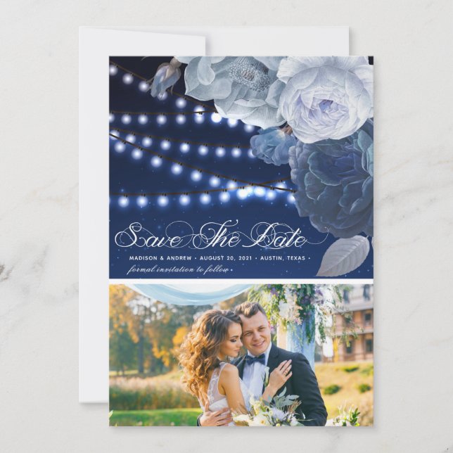 Blue Elegant Wedding Foto Save The Date (Vorderseite)