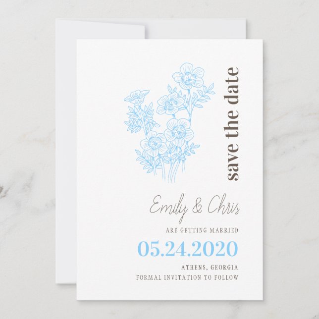 Blue elegante Blumenkarte Save the Date Card (Vorderseite)