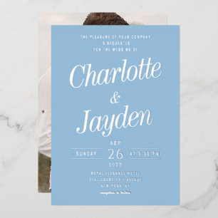 Blue Elegante Foil Script Foto Hochzeit Folieneinladung