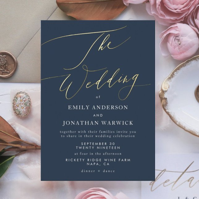 Blue Elegante Gold Die Hochzeit Folieneinladung (Invitation in REAL GOLD showcasing suite in FAUX GOLD - additional items (bought separately))