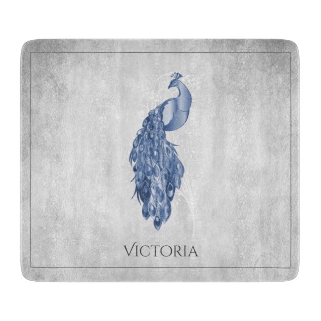 Blue Elegante Peacock Personalisiert Cutting Board Schneidebrett (Vorderseite)