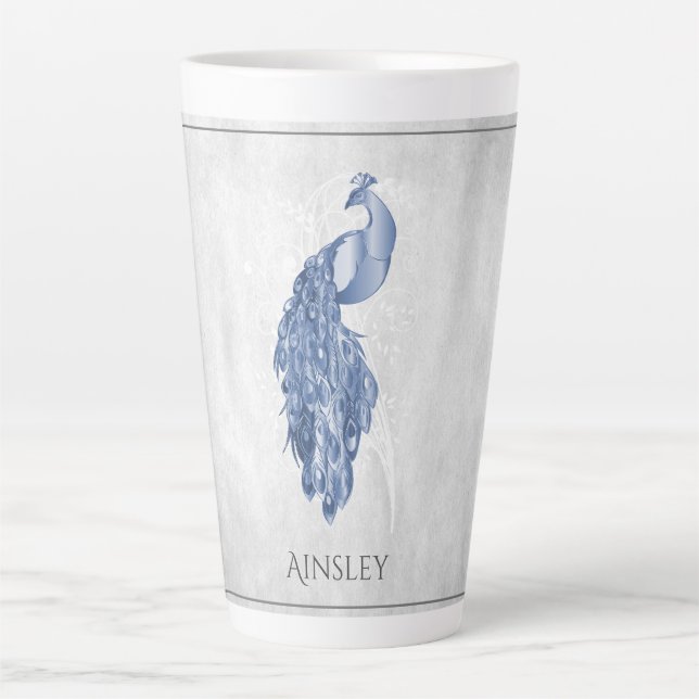 Blue Elegante Peacock Personalisierte Latte-Tasse Milchtasse (Vorderseite)