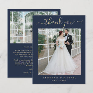 Blue Elegante Script 2 Foto Hochzeit Gold Script Dankeskarte