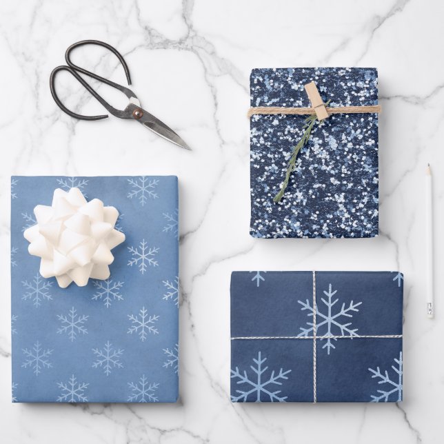 Blue Elegante Snowflake | Weihnachtsfeiertag Geschenkpapier Set (Vorderseite)