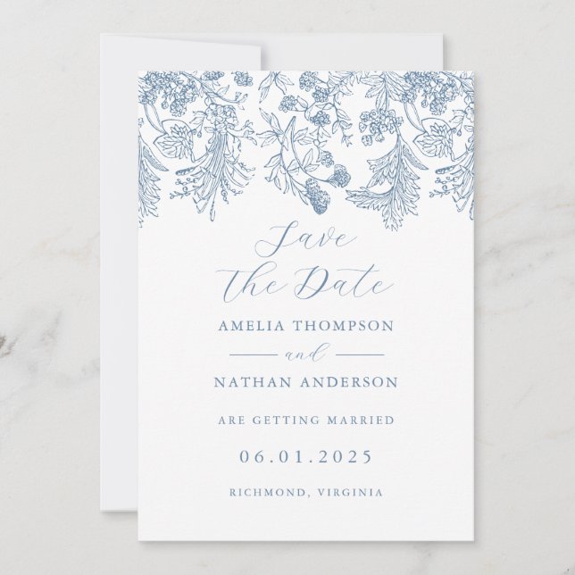 Blue Elegante Vintage Wedding Save the Date (Vorderseite)