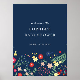 Blue Elegante Wildblume Baby Dusche Willkommen Poster