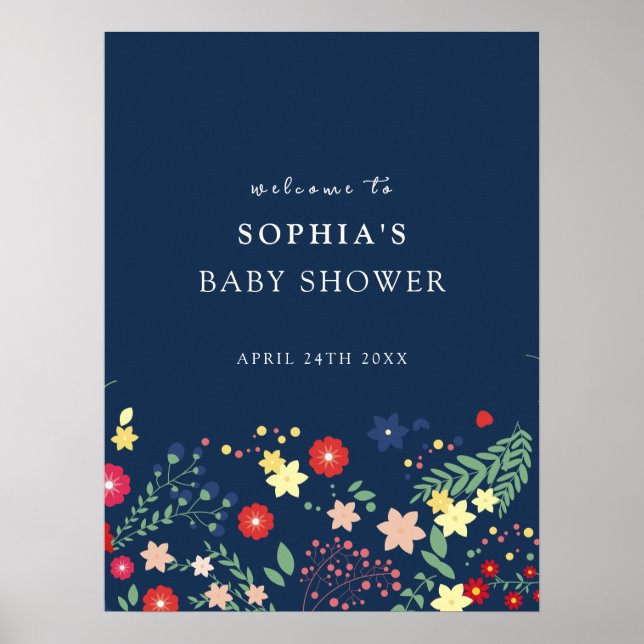 Blue Elegante Wildblume Baby Dusche Willkommen Poster (Vorne)