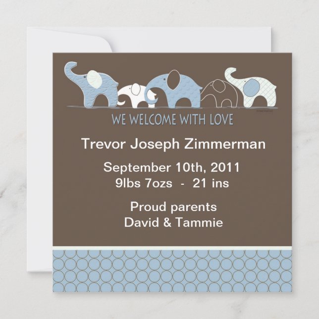 Blue Elephant Baby Annoucement ohne Foto Ankündigung (Vorderseite)
