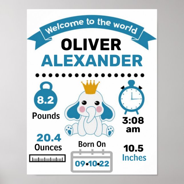 Blue Elephant Baby Birth Statistics Poster (Vorne)