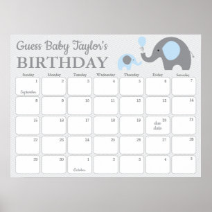 Blue Elephant Baby Birthday Predication Calendar Poster