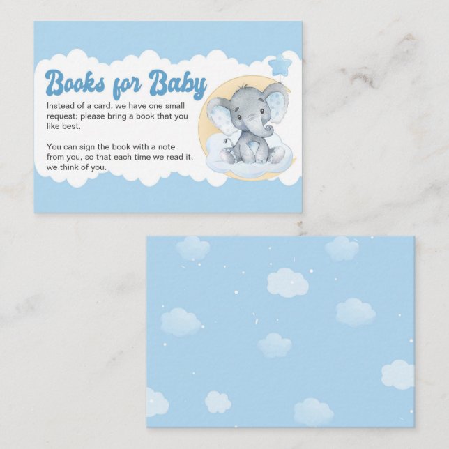 Blue Elephant Baby Book Request Baby Dusche Begleitkarte (Vorne/Hinten)