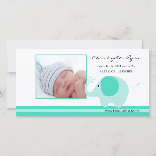 Blue Elephant Baby Boy Birth Annoucement Ankündigung (Vorderseite)