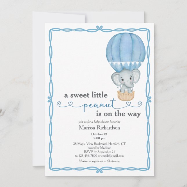 Blue Elephant Baby Boy Dusche Einladung (Vorderseite)