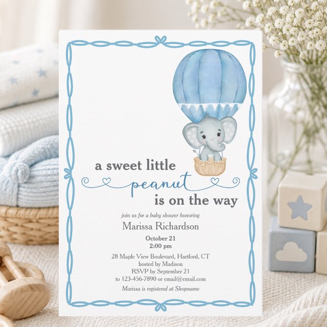 Blue Elephant Baby Boy Dusche Einladung (cute sweet little peanut blue hot air balloon elephant baby boy shower custom invitation)