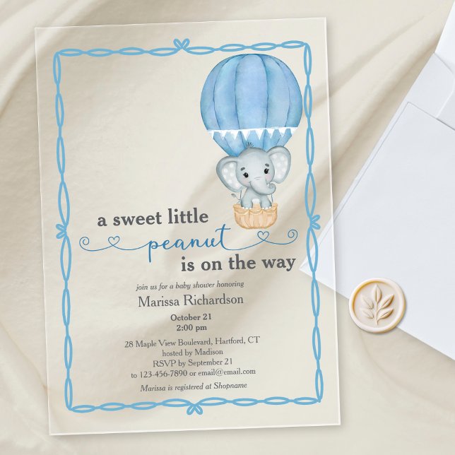 Blue Elephant Baby Boy Dusche Einladung (cute elegant blue elephant sweet little peanut baby boy shower acrylic invitation)