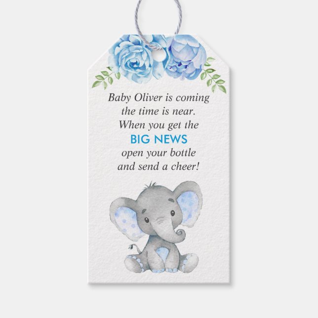 Blue Elephant Baby Boy Dusche Mini Flasche Gefalle Geschenkanhänger (Vorderseite)