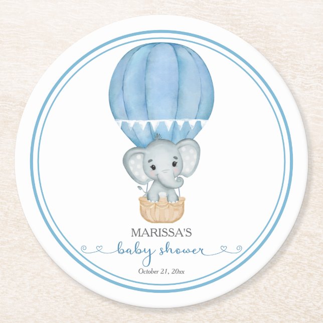 Blue Elephant Baby Boy Dusche Runder Pappuntersetzer (Vorderseite)