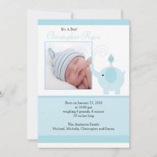 Blue Elephant Baby Boy Foto Announccard Ankündigung