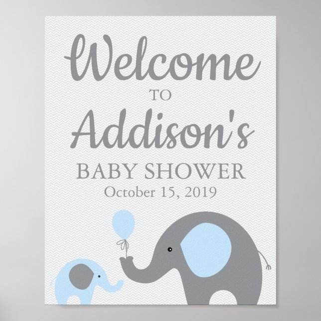 Blue Elephant Baby Dusche Begrüßungszeichen Plakat (Vorne)