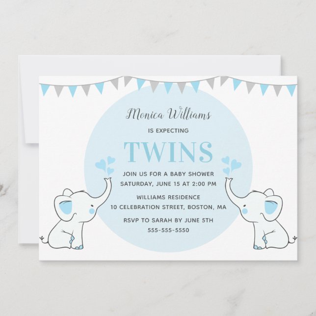 Blue Elephant Baby Dusche | Boy Twins Baby Dusche Einladung (Vorderseite)