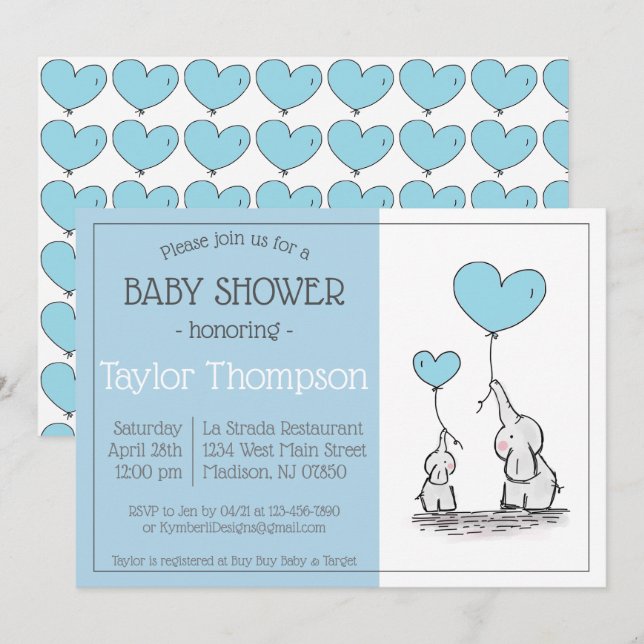 Blue Elephant Baby Dusche Einladung (Vorne/Hinten)