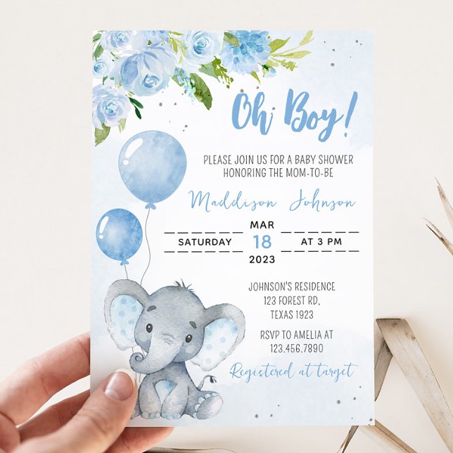Blue Elephant Baby Dusche Einladung (Blue Floral Elephant Baby Shower Invitation)