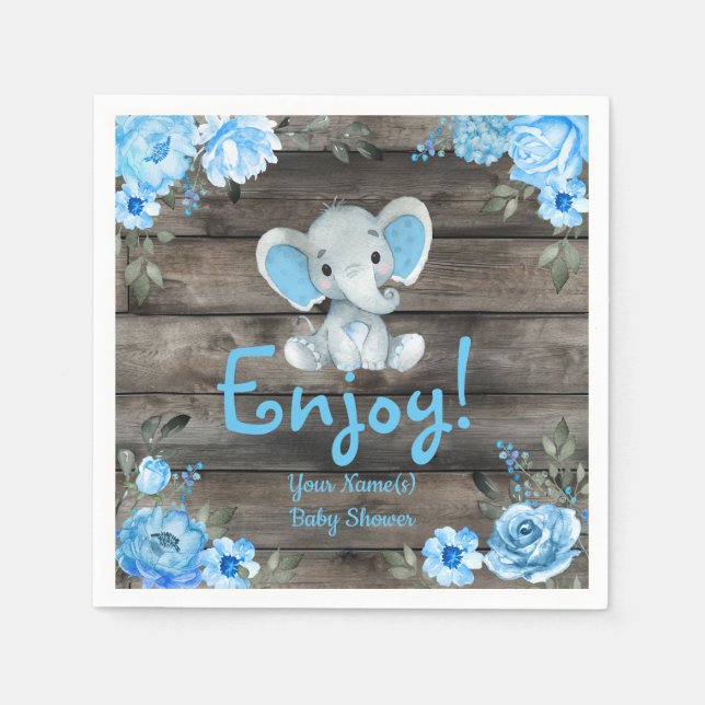 Blue Elephant Baby Dusche Einladung, rustikaler Ju Serviette (Vorderseite)