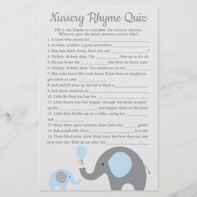 Blue Elephant Baby Dusche Kinderzimmer Rhyme Quiz  Flyer (Vorne)