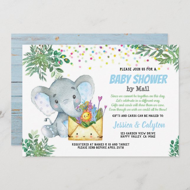 Blue Elephant Baby Dusche mit E-Mail-Grün Einladung (Vorne/Hinten)