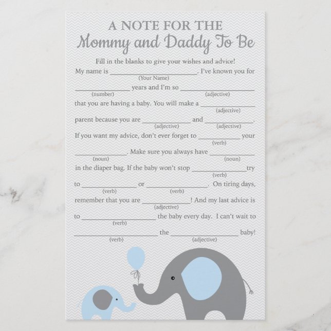 Blue Elephant Baby Shower Advisor Game Cards (Vorderseite)