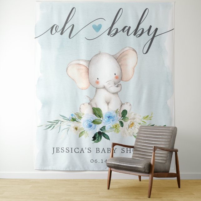 Blue Elephant Baby Shower Banner Foto Hintergrund Wandteppich (Beispiel)