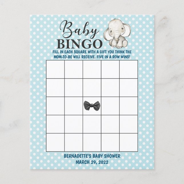 Blue Elephant Baby Shower Bingo (Vorderseite)