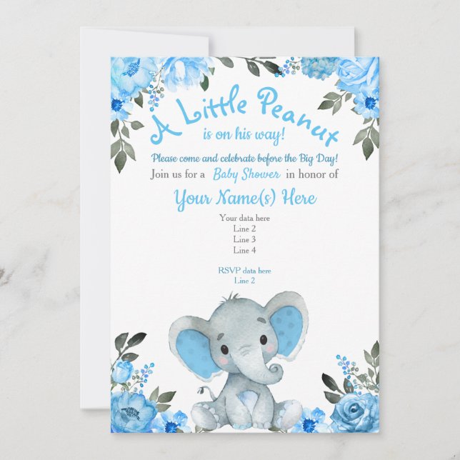 Blue Elephant Baby Shower Einladung, Blumenjungen Einladung (Vorderseite)