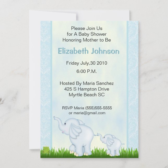 Blue Elephant Baby Shower Einladungen (Vorderseite)