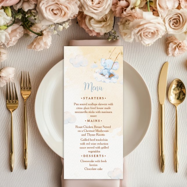 Blue Elephant Baby Shower Menu Card Cloud Stars Menükarte (Von Creator hochgeladen)