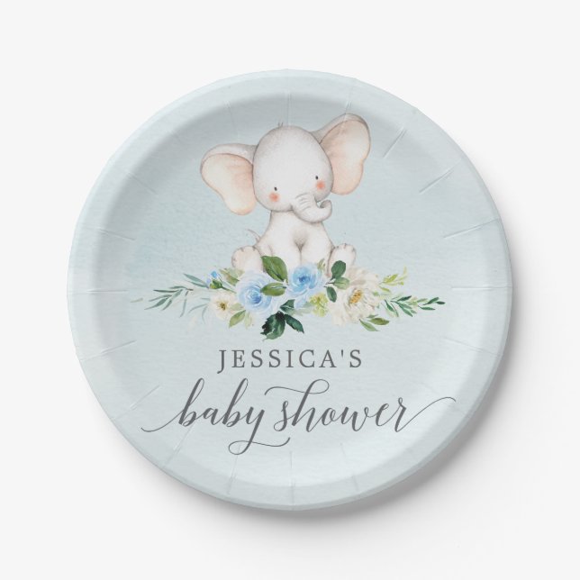 Blue Elephant Baby Shower Paper Plate Pappteller (Vorderseite)