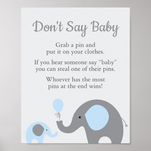 Blue Elephant Baby Shower Say Baby Game Sign Poster (Vorne)