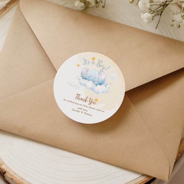 Blue Elephant Baby Shower Thank You It's a Boy Runder Aufkleber (Von Creator hochgeladen)