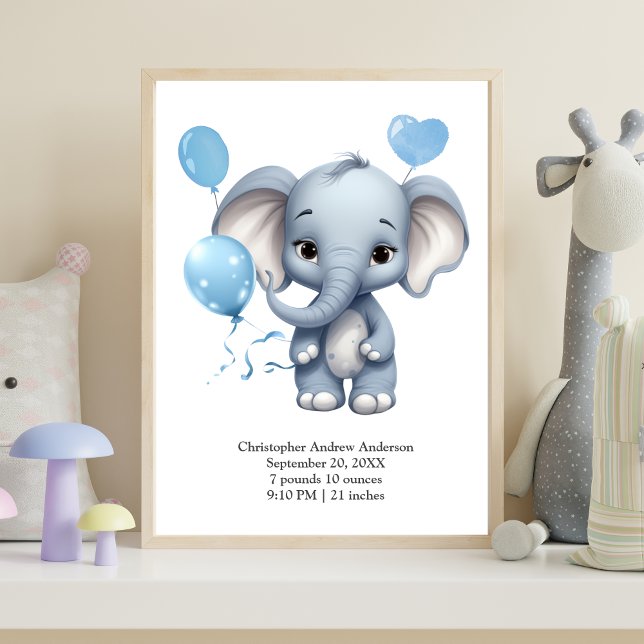 Blue Elephant Balloons Baby Birth Stats Kinderzimm Poster (Blue Elephant with Balloons Baby Boy Nursery Wall Art Birth Stats Print)
