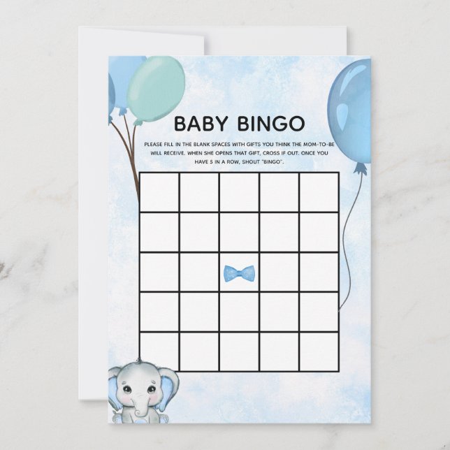 Blue Elephant Balloons Baby Shower Baby Bingo Card Einladung (Vorderseite)