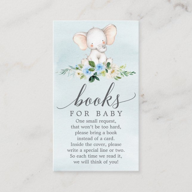 Blue Elephant Book Request Baby Showkarte Begleitkarte (Vorderseite)