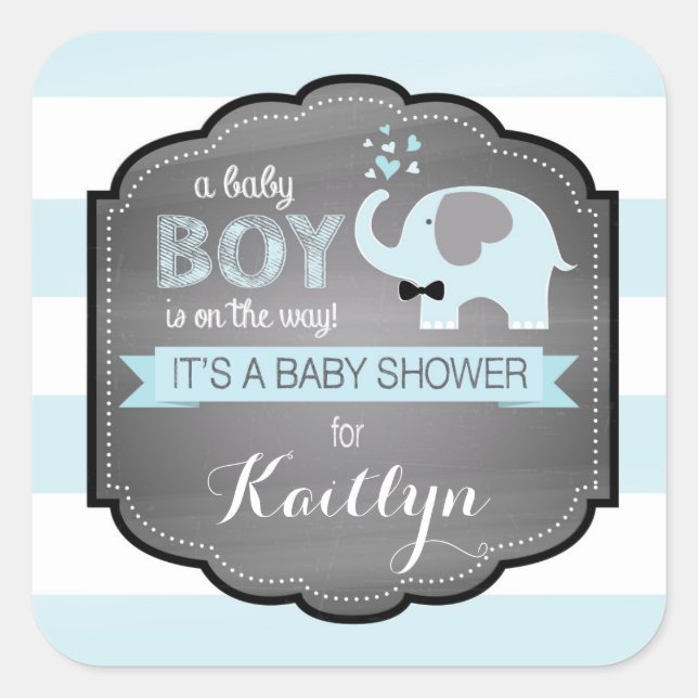 Blue Elephant Bow-Krawatte Stripe Baby Dusche Quadratischer Aufkleber (Vorderseite)
