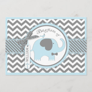 Blue Elephant Bow Krawatte und Zickzack Print Tauf Einladung