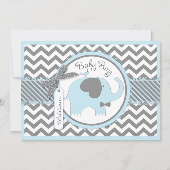 Blue Elephant Bow Krawatte Zickzack Print Baby Dus Einladung (Vorderseite)