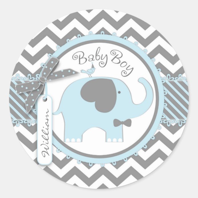 Blue Elephant Bow-Krawatte Zickzack Print Baby Dus Runder Aufkleber (Vorderseite)