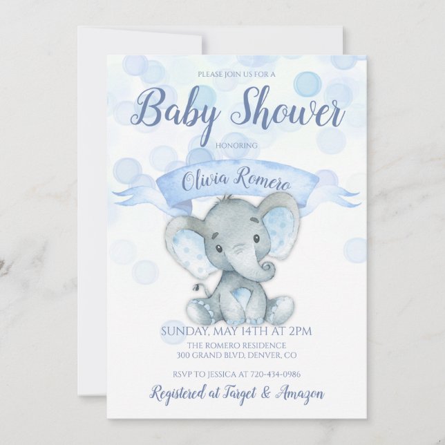 Blue Elephant Boy Baby Dusche Einladung (Vorderseite)