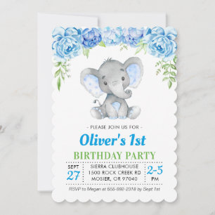 Blue Elephant Boy Erster 2. Geburtstag Party Einladung